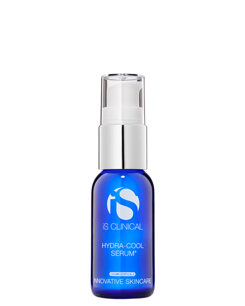 Blue serum bottle with silver cap on a white background