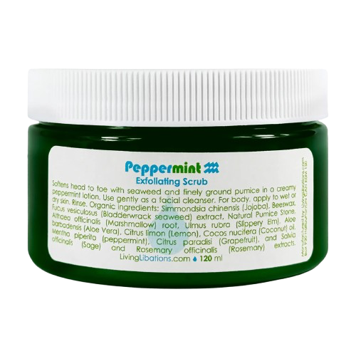 Green jar of peppermint exfoliating scrub with a white label on a white background