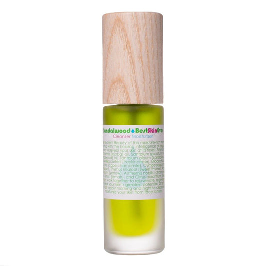 Skincare bottle with wooden cap on a white background