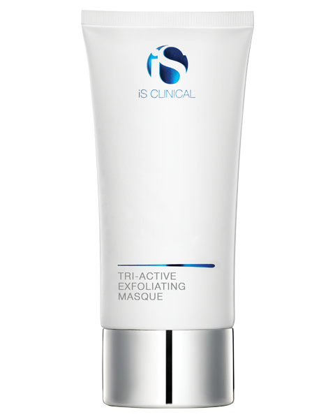 Tri-active exfoliating masque tube with 'iS Clinical' logo on a white background